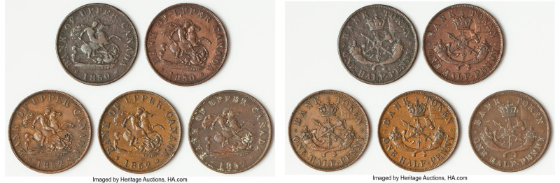 Province of Canada. Bank of Upper Canada 5-Piece Lot of Uncertified 1/2 Penny To...