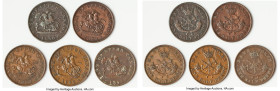 Province of Canada. Bank of Upper Canada 5-Piece Lot of Uncertified 1/2 Penny Tokens F-VF, 1) 1/2 Penny Token 1850, PC-5A. 2) 1/2 Penny Token 1850, PC...