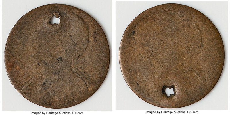 Copper 1/2 Penny Blacksmith Token ND VF (Holed), BL-2A3. 4.21gm. Thin flan. Meda...