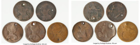 5-Piece Lot of Uncertified 1/2 Penny Blacksmith Tokens ND VF (Holed), 1) 1/2 Penny Blacksmith Token, BL-7. 5.05gm. 2) 1/2 Penny Blacksmith Token, BL-8...