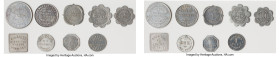 Manitoba 9-Piece Lot of Uncertified Assorted Tokens, Aluminum (square) "G.J. Timms" Winnipeg, Manitoba; Good For 4 Loaves of Bread; Aluminum (edge dam...