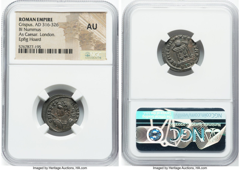 Crispus (AD 316-326). AE3 or BI nummus (18mm, 5h). NGC AU. London, 1st officina,...