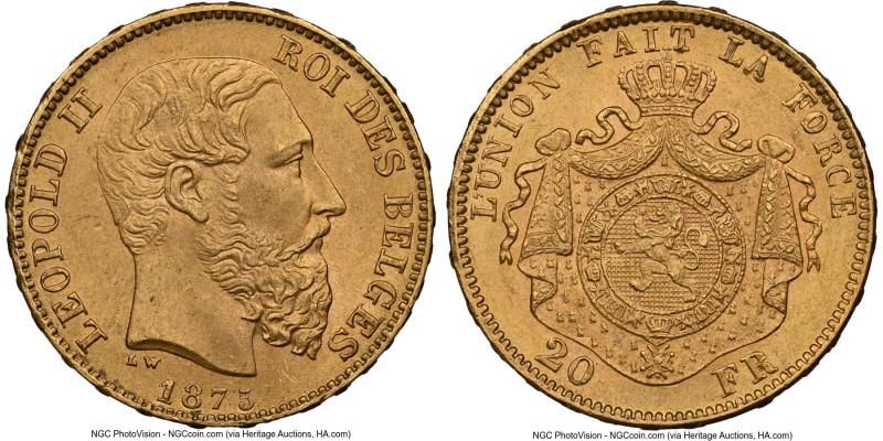 Leopold II gold 20 Francs 1875 MS64 NGC, Brussels mint, KM37, Fr-412. Position A...