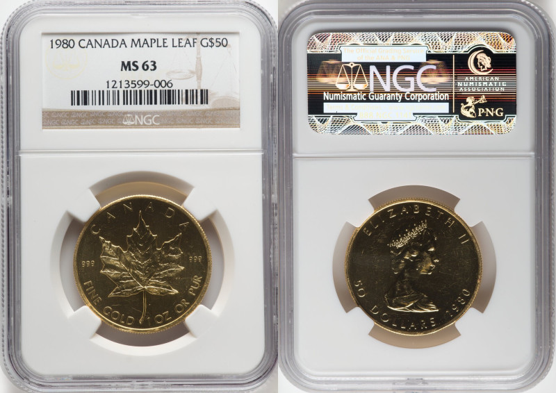 Elizabeth II gold "Maple Leaf" 50 Dollars (1 oz) 1980 MS63 NGC, Royal Canadian m...