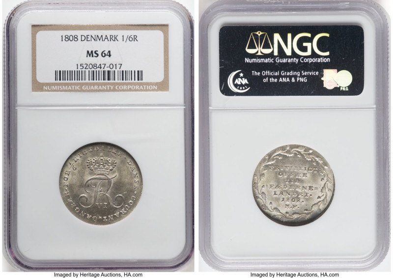 Frederick VI 1/6 Rigsdaler 1808-MF MS64 NGC, Altona mint, KM664. Voluntary offer...