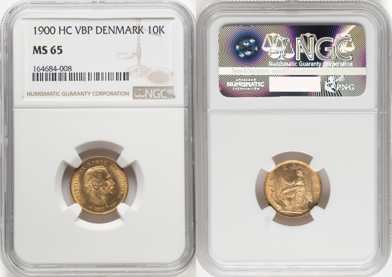 Christian IX gold 10 Kroner 1900 (h)-VBP MS65 NGC, Copenhagen mint, KM790.2, Fr-...