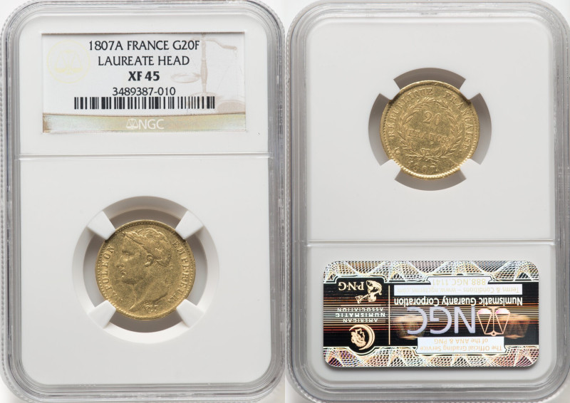 Napoleon gold 20 Francs 1807-A XF45 NGC, Paris mint, KM687.1, Fr-489. Laureate h...