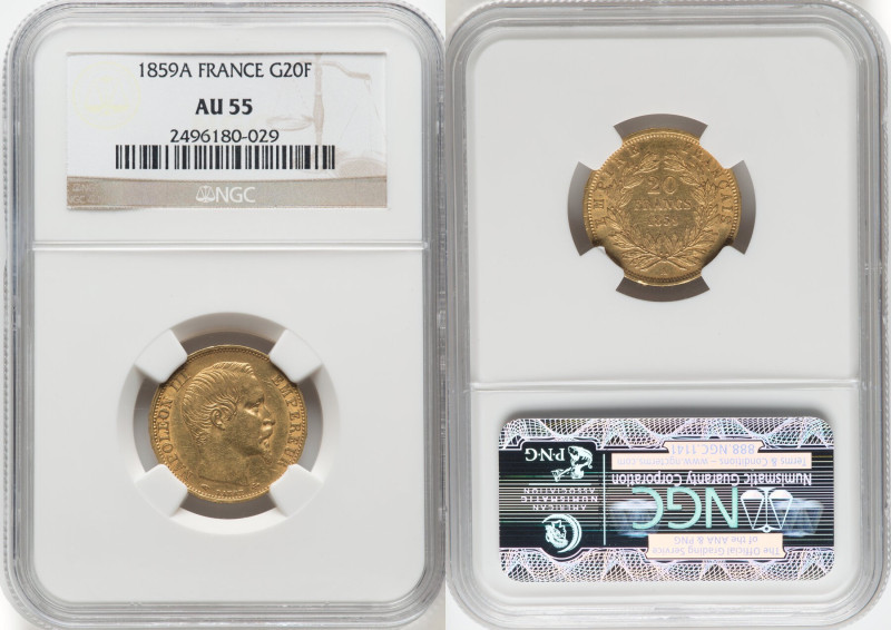 Napoleon III gold 20 Francs 1859-A AU55 NGC, Paris mint, KM781.1, Fr-573. HID098...