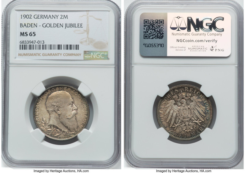 Baden. Friedrich I "Golden Jubilee" 2 Mark 1902 MS65 NGC, Karlsruhe mint, KM271,...