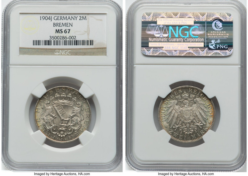 Bremen. Free City 2 Mark 1904-J MS67 NGC, Hamburg mint, KM250, J-59. One year ty...