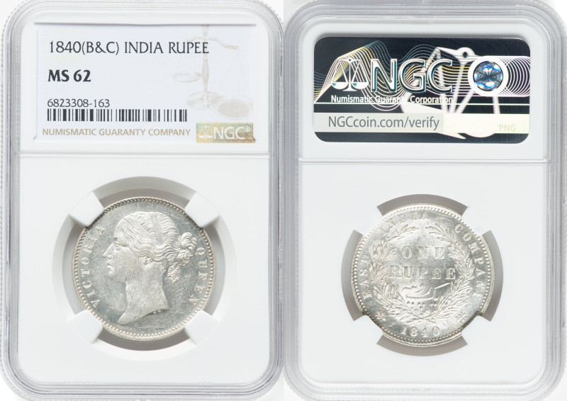 British India. Victoria Rupee 1840-(b & c) MS62 NGC, Bombay and Calcutta mints, ...