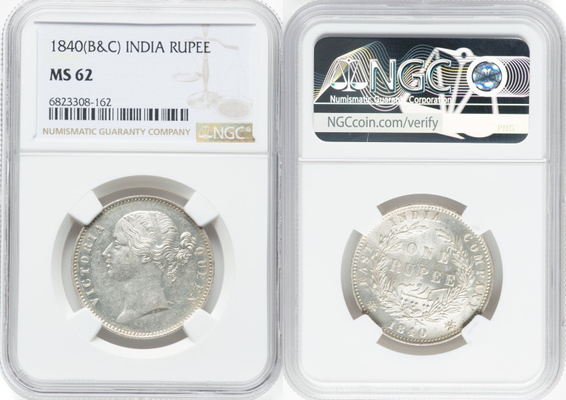 British India. Victoria Rupee 1840-(b & c) MS62 NGC, Bombay & Calcutta mints, KM...