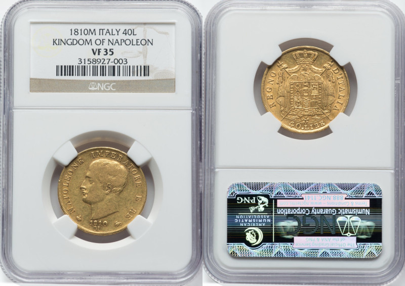 Kingdom of Napoleon. Napoleon I gold 40 Lire 1810-M VF35 NGC, Milan mint, KM12, ...