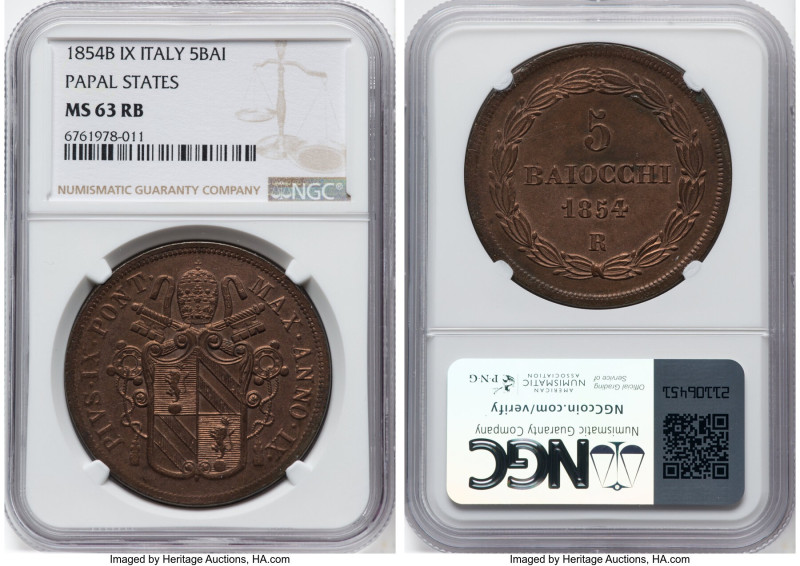 Papal States. Pius IX 5 Baiocchi Anno IX (1854)-B MS63 Red and Brown NGC, Bologn...