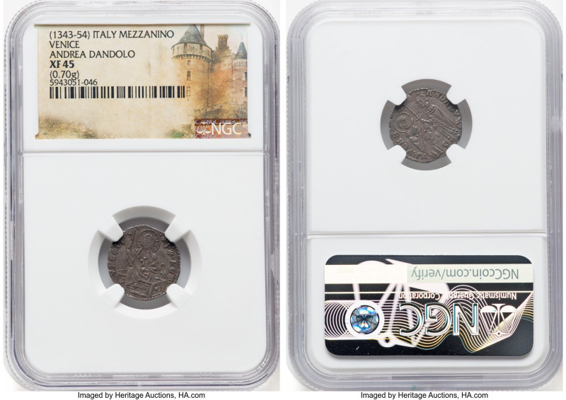 Venice. Andrea Dandolo Mezzanino ND (1343-1354) XF45 NGC, Paolucci-3. 0.70gm. HI...