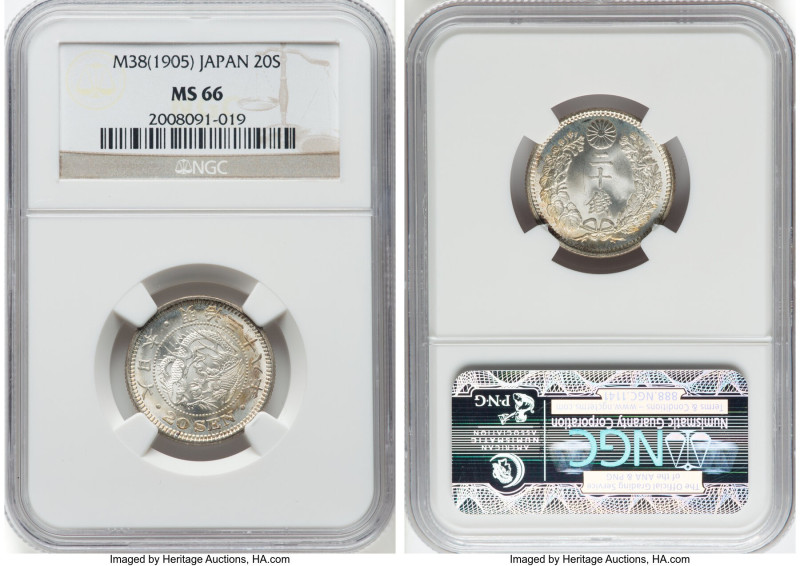 Meiji 20 Sen Year 38 (1905) MS66 NGC, Osaka mint, KM-Y24, JNDA -1-21. HID0980124...