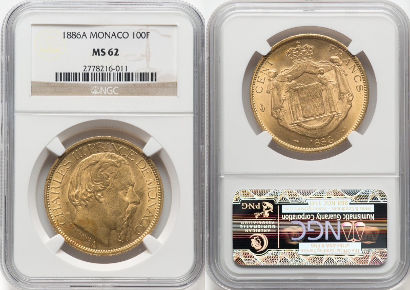 Charles III gold 100 Francs 1886-A MS62 NGC, Paris mint, KM99, Fr-11. Mintage: 1...