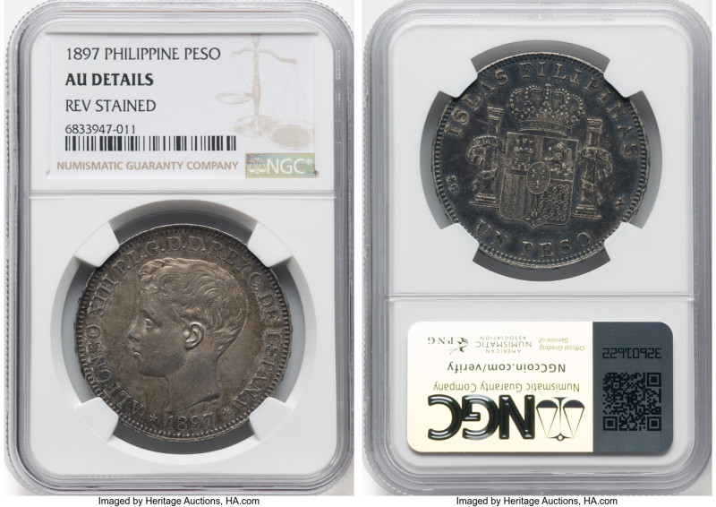 Spanish Colony. Alfonso XIII Peso 1897 SG-V AU Details (Reverse Stained) NGC, Ma...