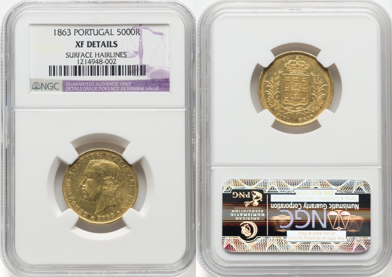 Luiz I gold 5000 Reis 1863 XF Details (Surface Hairlines) NGC, Lisbon mint, KM50...