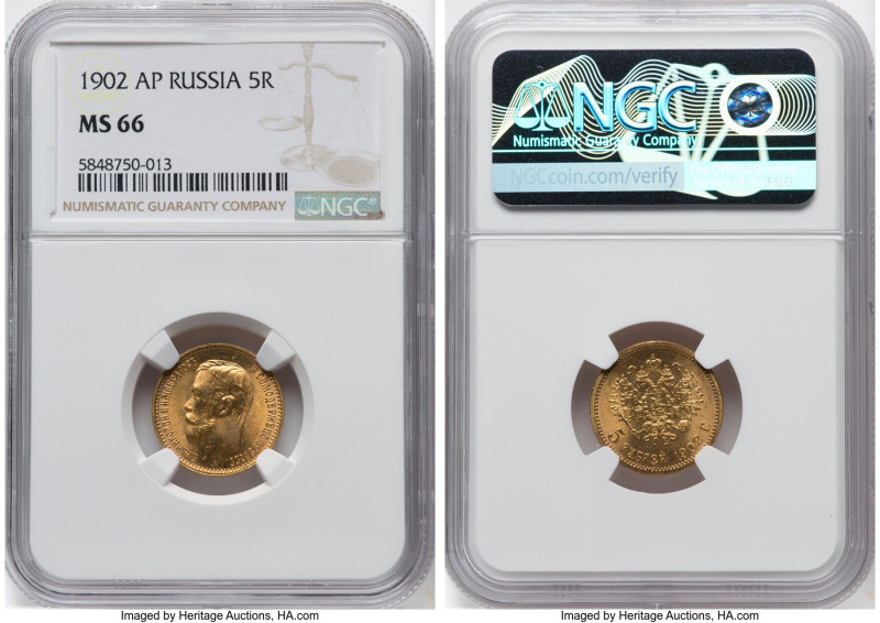 Nicholas II gold 5 Roubles 1902-AP MS66 NGC, St. Petersburg mint, KM-Y62, Fr-180...