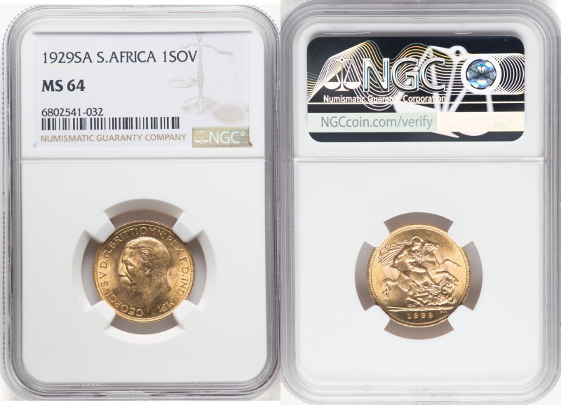 George V gold Sovereign 1929-SA MS64 NGC, Pretoria mint, KM-A22, S-4005. HID0980...