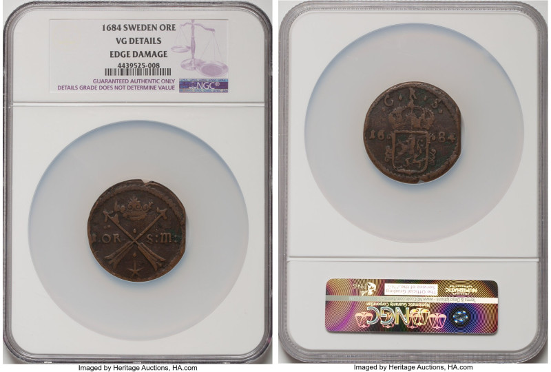 Carl XI copper Ore 1684 VG Details (Edge Damage) NGC, Avesta mint, KM264b. HID09...