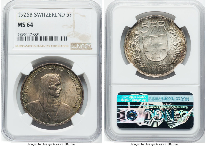 Confederation 5 Francs 1925-B MS64 NGC, Bern mint, KM38, HMZ 2-1199. HID09801242...