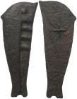 Sarmatien. Olbia.

 Bronze. Ca. 437 - 410 v. Chr.
Vs: Delfin rechts.
Rs: Flach mit kleinem Kreuz.

104x37 mm. 95,38 g. 

Anokhin 173; Vgl. CNG...