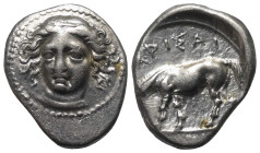 Thessalien. Larissa.

 Drachme (Silber). Ca. 404 - 370 v. Chr.
Vs: Kopf der Nymphe Larissa mit Ampyx en face, leicht nach links gewendet.
Rs: Pfer...