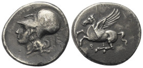 Korinthia. Korinth.

 Stater (Silber). Ca. 375 - 300 v. Chr.
Vs: Pegasos nach links fliegend, darunter Koppa.
Rs: Kopf der Athena mit korinthische...