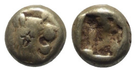 Königreich Lydien. Alyattes - Kroisos (605 - 540 v. Chr.).

 1/12 Stater bzw. Hemihekte (Elektron). Sardeis.
Vs: Kopf eines Löwen mit Strahlenwarze...