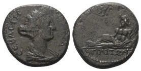 Mysien. Attaia. Sabina (gest. 136 n. Chr.).

 Bronze.
Vs: Drapierte Büste mit Stephane rechts.
Rs: Bärtiger Flussgott Makestos auf Quellgefäß gest...