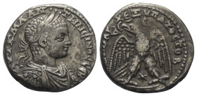 Seleukis und Pierien. Antiochia am Orontes. Elagabalus (218 - 222 n. Chr.).

 Tetradrachme (Silber). 219 n. Chr.
Vs: Büste mit Lorbeerkranz, Paluda...