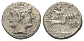 Anonyme Prägungen.

 Didrachmon (Quadrigatus). Ca. 225 - 212 v. Chr. Rom.
Vs: Janusartiger Doppelkopf der Dioskuren mit Lorbeerkranz.
Rs: ROMA (er...