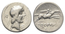 L. Calpurnius Piso Frugi.

 Denar (Silber). 90 v. Chr. Rom.
Vs: Kopf des Apollo mit Lorbeerkranz rechts, rechts und links ein Kontrollzeichen.
Rs:...