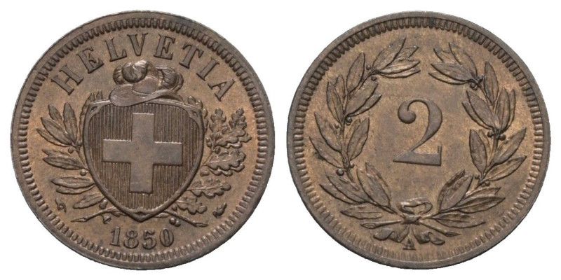 Schweiz.

 2 Rappen (Kupfer). 1850 A. Paris.
Vs: Wappen auf Zweigen.
Rs: Wer...