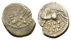 Central Gaul, Bituriges Cubi, c. 1st century BC. AR Quinarius (16mm, 2g). Bare male head l. R/ Horse prancing l.; sword above; symbol below. D&T 3436.