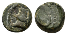 Gaul, Massalia, c. 49-25 BC. Æ (11,4mm, 2.8g). Helmeted head of Minerva right. R/Dolphin swimming left. Maurel 960.