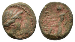 Italy, Bruttium, Terina, c. 350-275 BC. Æ (16,1mm, 4.35g). Head of nymph to right. R/ Nike seated to left on cippus, holding bird with her right hand....
