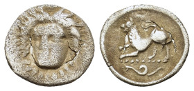 Italy, Campania, c. 325-275 BC. Phistelia. AR Obol (11,5mm, 0.5g). Head of nymph facing, slightly l., R/ Chimera standing l.; in ex., snake. HNItaly 6...
