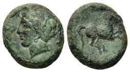 Sicily, Carthaginian Domain, c. 375-350 BC. Æ (16mm, 6.27g). Wreathed head of Tanit l. R/ Horse prancing r. CNP 126; CNS III, 4; HGC 2, 1677.