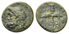 Sicily, Syracuse, c. 214-212 BC. Æ (14.5mm, 2.23g.) struck under the Fifth Democracy, Diademed head of Poseidon l.; behind, uncertain symbol. R/ ΣΥΡ -...