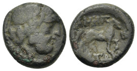Macedon, Amphipolis, c. 187-31. Æ (16mm 4.80g) Diademed head of Philip II right. R/ AMΦIΠΟ – ΛITΩN Horse advancing r.; monogram right. SNG ANS 127. SN...