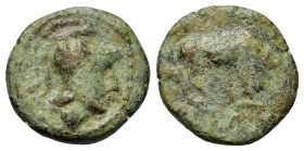 Macedon, Pella, after 168 BC. Æ (15mm, 2.7g). Contemporary imitation. Crude head of "Athena" r. wearing creasted Corinthian-style helmet. R/ Crude bul...