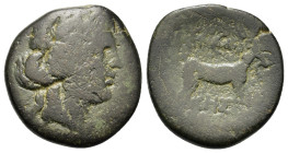 Macedon, Thessalonica, c. 187-131 BC. Æ (19,8mm, 5.7g). Head of Dionysos r. wearing ivy wreath. Goat standing r.; in field r. and below, monogram. SNG...
