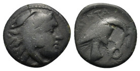 Kings of Macedon. Amyntas III (394/3-370/69 BC). Æ Tetrachalkon (16,8mm, 3.2g). Aigai or Pella mint. Head of Herakles right, wearing lion skin. R/ Eag...
