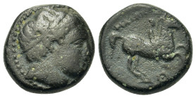 Kings of Macedon. Philip II (359-336 BC). Æ (16,7mm, 6g). Uncertain Macedonian mint. Diademed head of Apollo r. R/ Horseman r.; Θ below. SNG ANS 926....