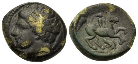 Kings of Macedon. Philip II (359-336 BC). Æ (17mm, 5.4g). Uncertain Macedonian mint. Diademed head of Apollo l. R/ Horseman r; below bull. SNG ANS 861...