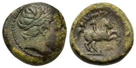 Kings of Macedon. Philip II (359-336 BC). Æ (16,9mm, 6.2g). Uncertain Macedonian mint. Diademed head of Apollo r. R/ Horseman r.