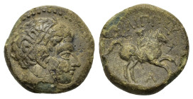 Kings of Macedon. Philip II (359-336 BC). Æ Unit (27mm, 12g). Uncertain mint in Macedon. Head of male r., wearing tainia. R/ Horseman riding r.; A bel...